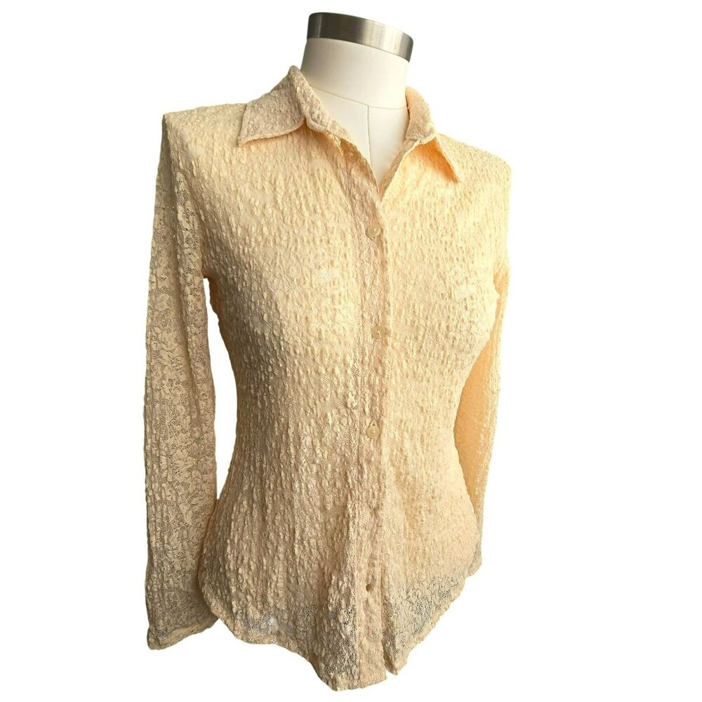 Liz Claiborne Beige Lace Button-Up Shirt Long Sleeve Womens Top Size S HS244
